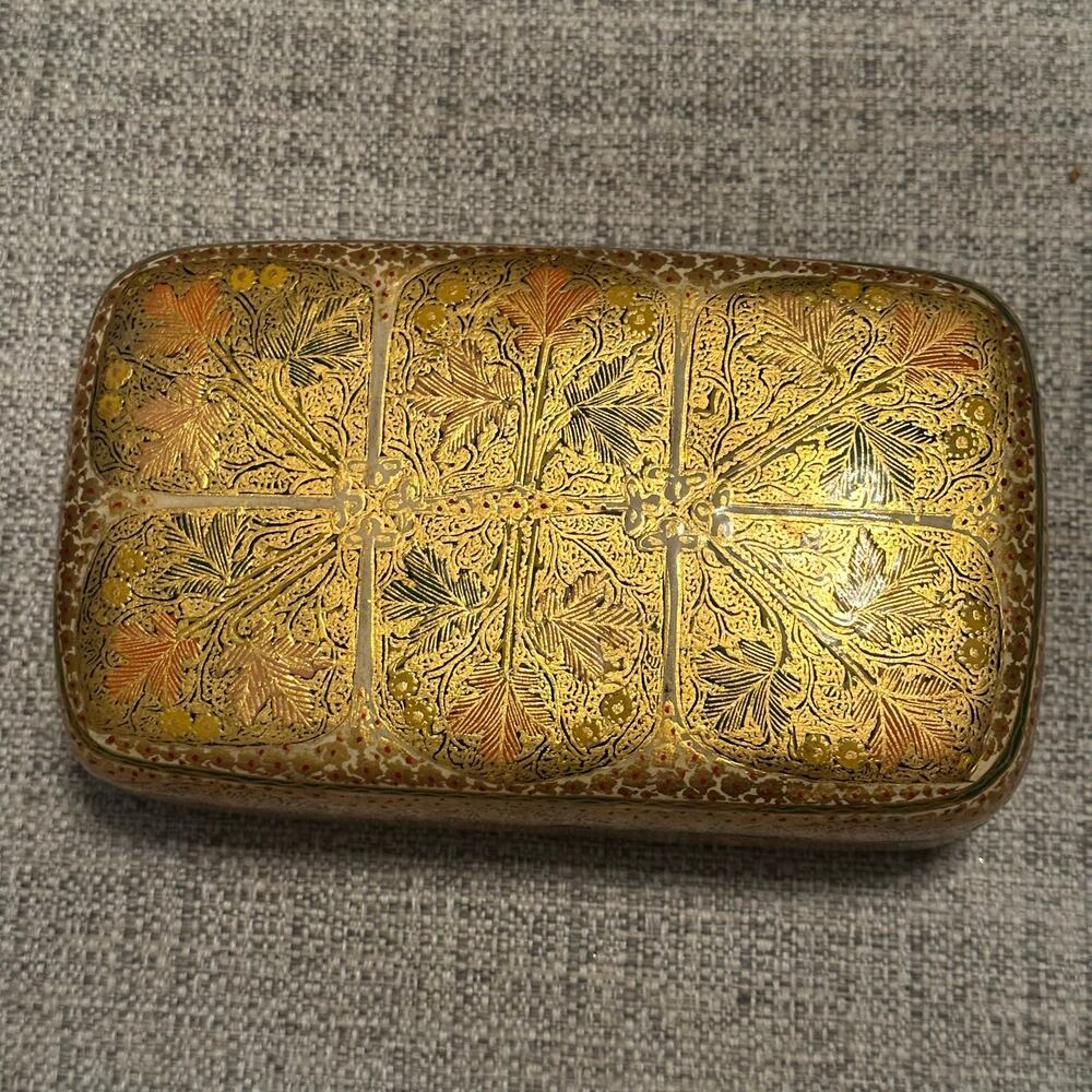 Vintage Kashmiri Papier Mache Lacquer Box Hand Painted Gold Floral Indi